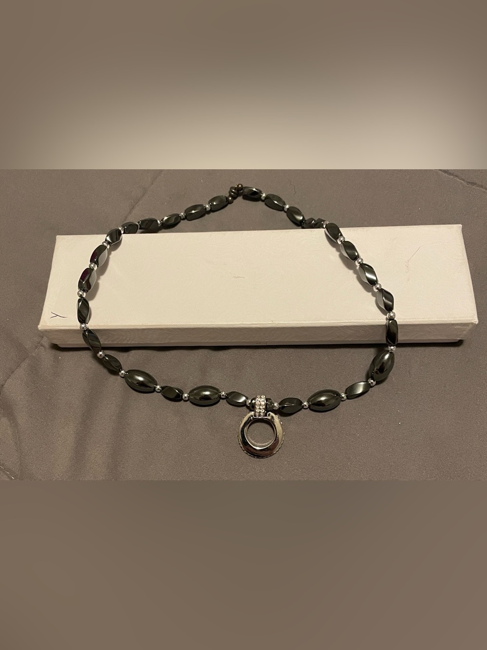 Source Unknown Black Hematite Bead Necklace with Crystal Circle Pendant